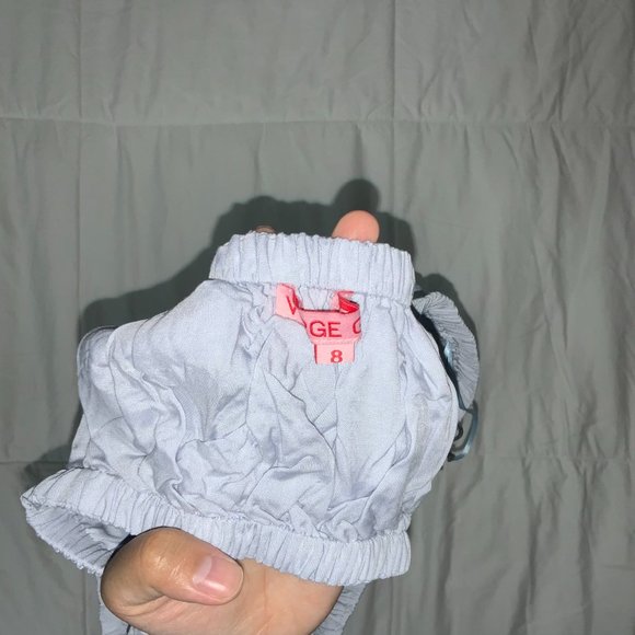 Verge Girl "Italian Language" Light Blue Puff Sleeve Tie Front Crop Top - Picture 4 of 4